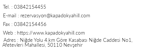 Kapadokya Hill Hotel & Spa telefon numaralar, faks, e-mail, posta adresi ve iletiim bilgileri